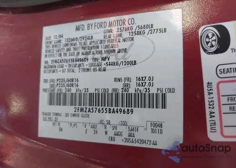 2005 Ford Freestar Ses from USA, damaged, VIN 2FMZA57655BA49689